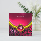 DAMASK GEM STONE MONOGRAM rosa Fuchsia ruby Einladung (Stehend Vorderseite)