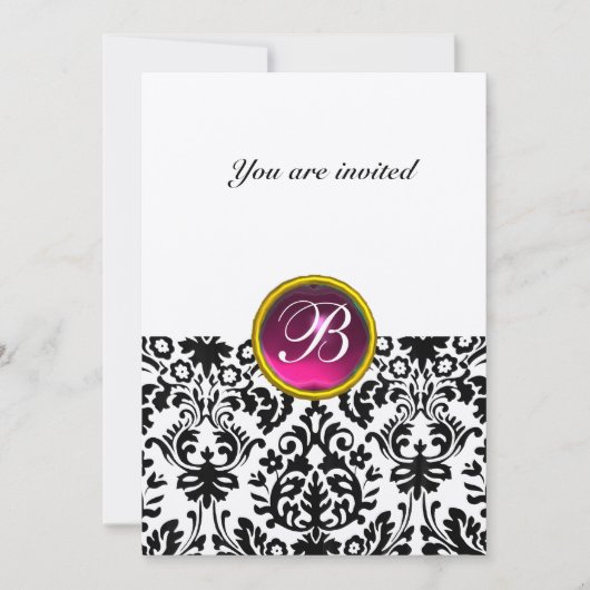 DAMASK GEM STONE MONOGRAM ruby pink fucsia gold Einladung (Vorderseite)
