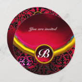DAMASK GEM STONE MONOGRAM ruby red burgundy Einladung (Vorne/Hinten)