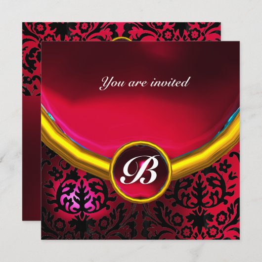 DAMASK GEM STONE MONOGRAM ruby red burgundy Einladung (Vorne/Hinten)