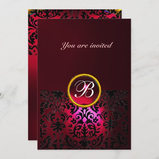 DAMASK GEM STONE MONOGRAM ruby red burgundy Einladung (Vorne/Hinten)