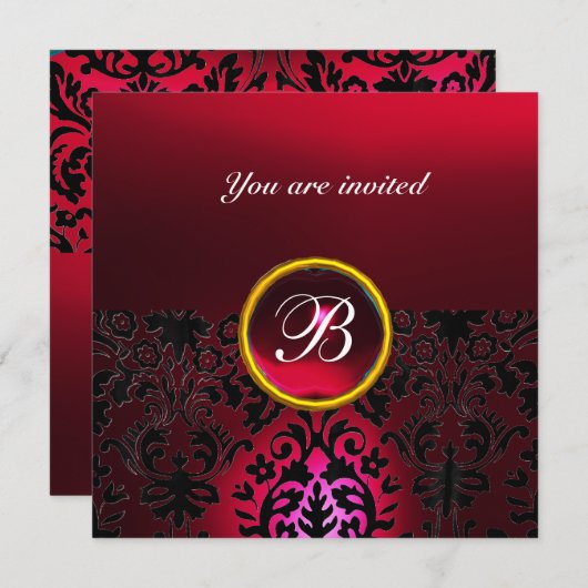 DAMASK GEM STONE MONOGRAM ruby red burgundy Einladung (Vorne/Hinten)
