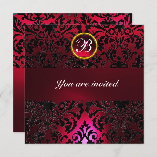 DAMASK GEM STONE MONOGRAM ruby red burgundy Einladung (Vorne/Hinten)
