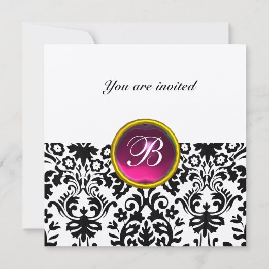 DAMASK GEM STONE MONOGRAM ruby rosa Gold Einladung (Vorderseite)