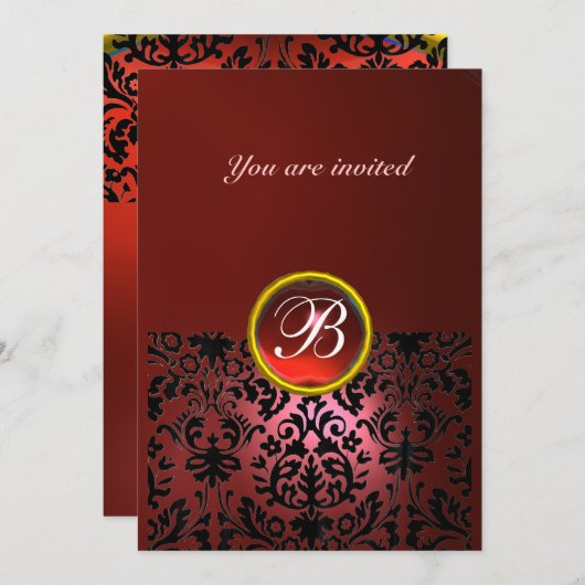 DAMASK GEM STONE MONOGRAM ruby rot Einladung (Vorne/Hinten)