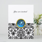 DAMASK GEM STONE MONOGRAM Saphir blau gesprenkelt Einladung (Stehend Vorderseite)