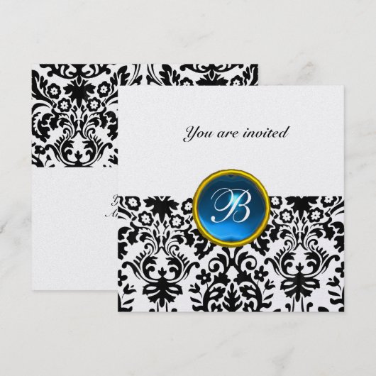 DAMASK GEM STONE MONOGRAM Saphir blaues Eis Einladung (Vorne/Hinten)