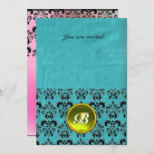 DAMASK GEM STONE MONOGRAM Seide blau pink Einladung (Vorne/Hinten)