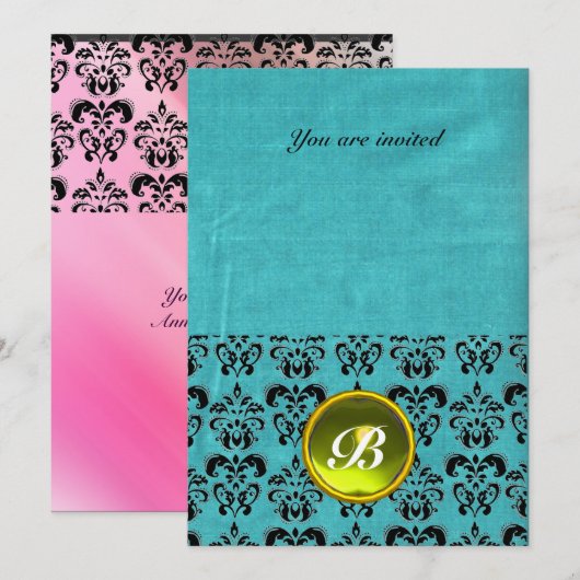 DAMASK GEM STONE MONOGRAM Seide blau pink Einladung (Vorne/Hinten)