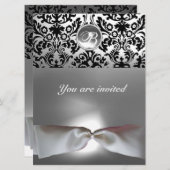 DAMASK GEM STONE MONOGRAM Weiß Band grau schwarz Einladung (Vorne/Hinten)