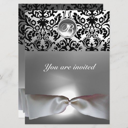 DAMASK GEM STONE MONOGRAM Weiß Band grau schwarz Einladung (Vorne/Hinten)