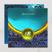 DAMASK GEM STONE MONOGRAMM Blau, schwarz, gelb Einladung (Vorne/Hinten)