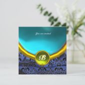 DAMASK GEM STONE MONOGRAMM Blau, schwarz, gelb Einladung (Stehend Vorderseite)