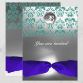 DAMASK GEM STONE MONOGRAMM blaues Band Einladung (Vorne/Hinten)
