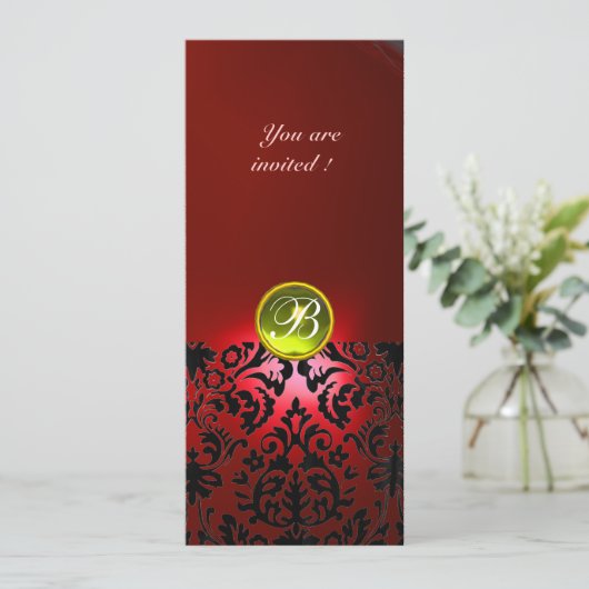 DAMASK GEM STONE MONOGRAMM gelb rot Einladung (Stehend Vorderseite)