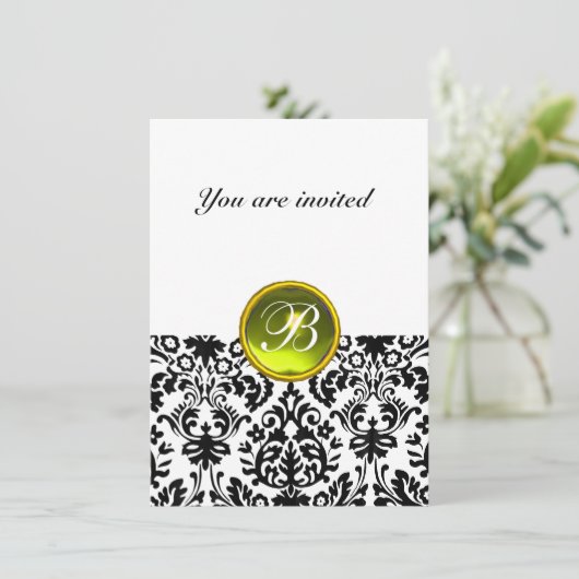 DAMASK GEM STONE MONOGRAMM, gelb-weiß uAwg Einladung (Stehend Vorderseite)