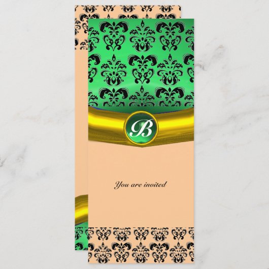 DAMASK GEM STONE MONOGRAMM grün Einladung (Vorne/Hinten)