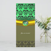 DAMASK GEM STONE MONOGRAMM grün Einladung (Stehend Vorderseite)