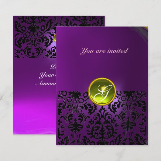 DAMASK GEM STONE MONOGRAMM lila Einladung (Vorne/Hinten)
