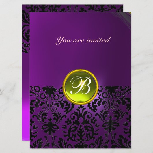 DAMASK GEM STONE MONOGRAMM lila Einladung (Vorne/Hinten)