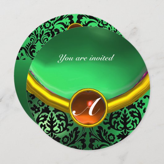 DAMASK GEM STONE MONOGRAMM Orange grün Einladung (Vorne/Hinten)