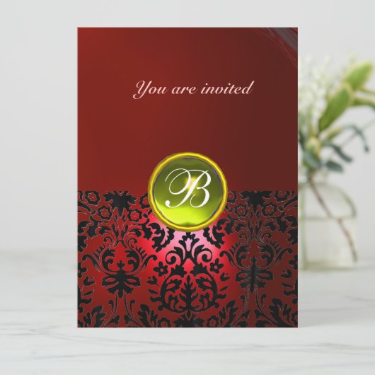 DAMASK GEM STONE MONOGRAMM, rot gelb Einladung (Stehend Vorderseite)