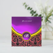 DAMASK GEM STONE MONOGRAMM Seide lila schwarz Einladung (Stehend Vorderseite)