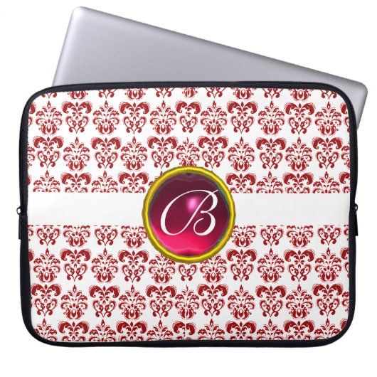 DAMASK GEM STONE MONOGRAMM, weißer roter Fuchsie Laptopschutzhülle (Vorderseite)