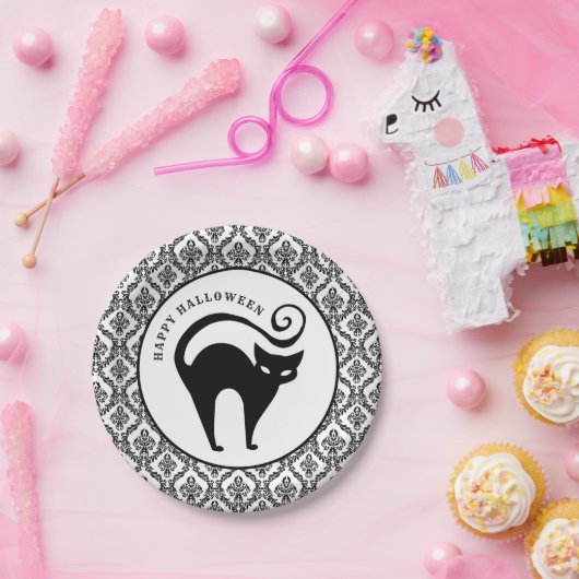 Damask Glam Black Cat | Halloween Paper Plate Pappteller (Party)