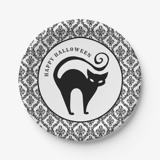 Damask Glam Black Cat | Halloween Paper Plate Pappteller (Vorderseite)