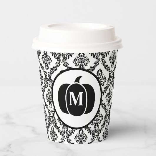 Damask Glam Monogram Halloween Pumpkin Pappbecher (Vorderseite)