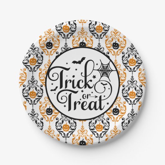 Damask Glam Pumpkin | Trick oder Trete Pappteller (Vorderseite)