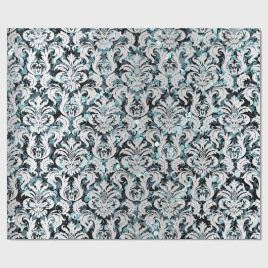 Damask Glitzer Aquamarin Silver Gray Royal Sequin Geschenkpapier (Flach)