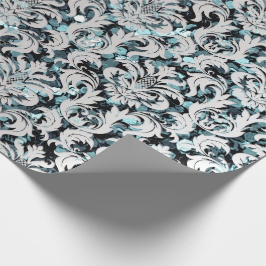 Damask Glitzer Aquamarin Silver Gray Royal Sequin Geschenkpapier (Ecke)