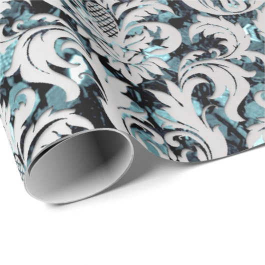 Damask Glitzer Aquamarin Silver Gray Royal Sequin Geschenkpapier (Rolleneckpunkt)