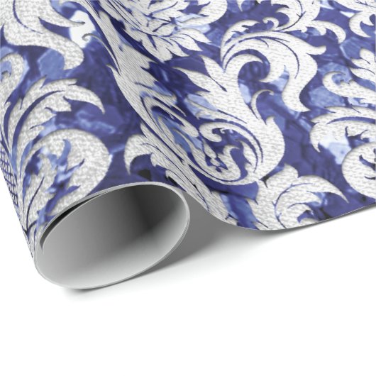 Damask Glitzer Blue Navy Silver Gray Royal Hütte Geschenkpapier (Rolleneckpunkt)