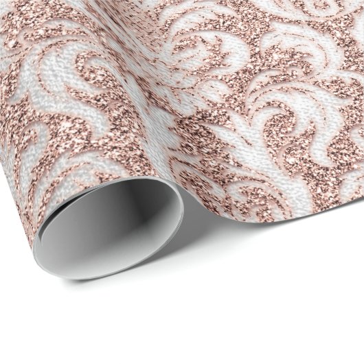 Damask Glitzer Rose Gold White Royal Hütte Geschenkpapier (Rolleneckpunkt)