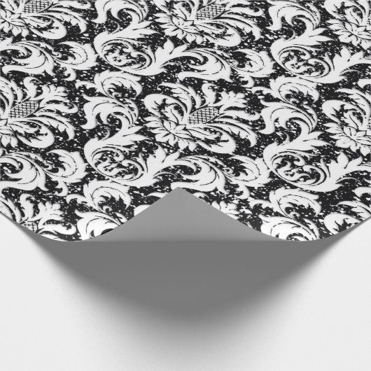 Damask Glitzer Schwarz-weiß Elegante Royal Geschenkpapier (Ecke)
