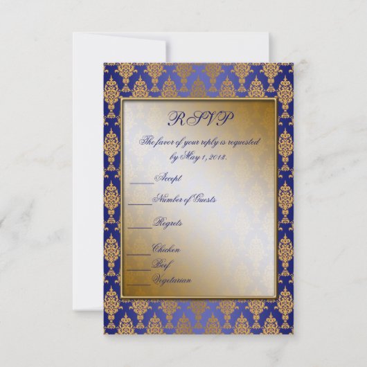 Damask Gold auf Royal Blue Shine RSVP Karte (Vorderseite)