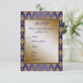Damask Gold auf Royal Blue Shine RSVP Karte (Stehend Vorderseite)