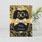 Damask Gold Bow schwarzer Diamant 50 Jahre Einladung (Stehend Vorderseite)
