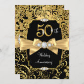 Damask Gold Bow schwarzer Diamant 50 Jahre Einladung (Vorne/Hinten)