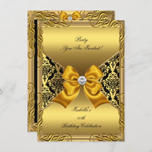 Damask Gold Bronze Diamond Black Birthday Party 2 Einladung (Vorne/Hinten)