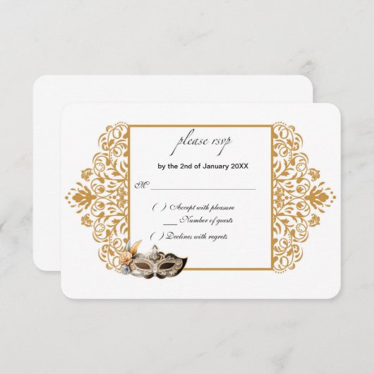 Damask Gold Masquerade RSVP Card (Vorne/Hinten)