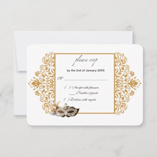 Damask Gold Masquerade RSVP Card (Vorderseite)