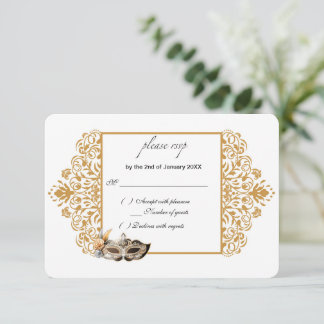 Damask Gold Masquerade RSVP Card Karte