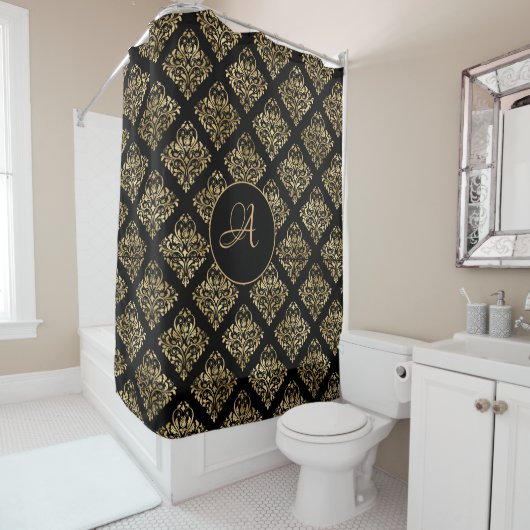 Damask Gold Monogram auf schwarz Duschvorhang (Beispiel)