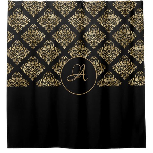 Damask Gold Monogram auf schwarz Duschvorhang (Vorderseite)