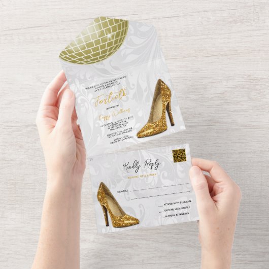 Damask, Gold Stilettos & Disco Ball 40. QR CODE All In One Einladung (Abreißen)