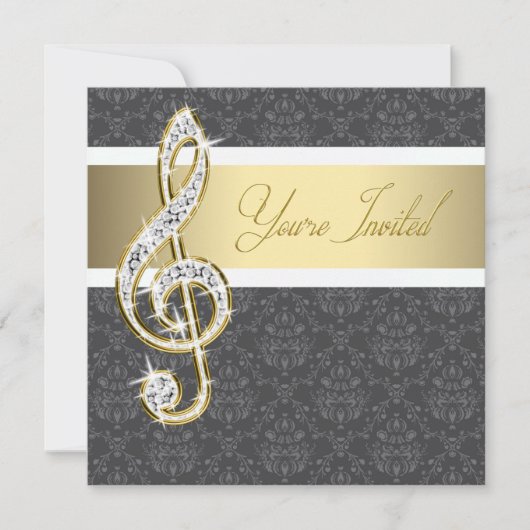 Damask Gold Treble Clef Einladungen (Vorderseite)